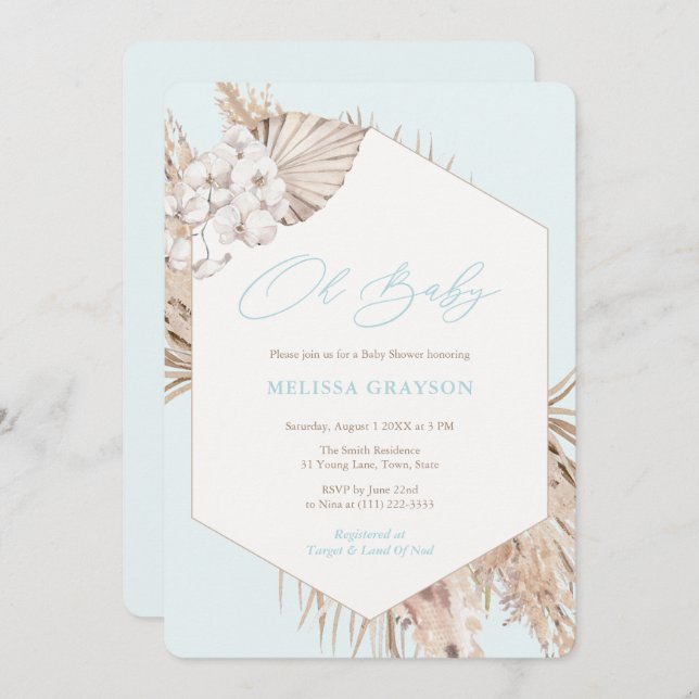 Boho Pampas Grass Dried Palms Boy Baby Shower Invitation (Front/Back)