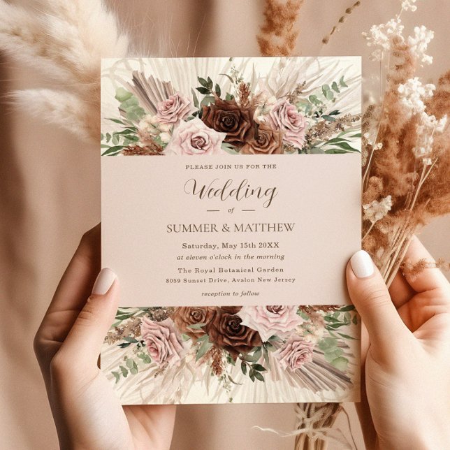 Boho Pampas Grass Dusty Pink Brown Floral Wedding Invitation (Creator Uploaded)