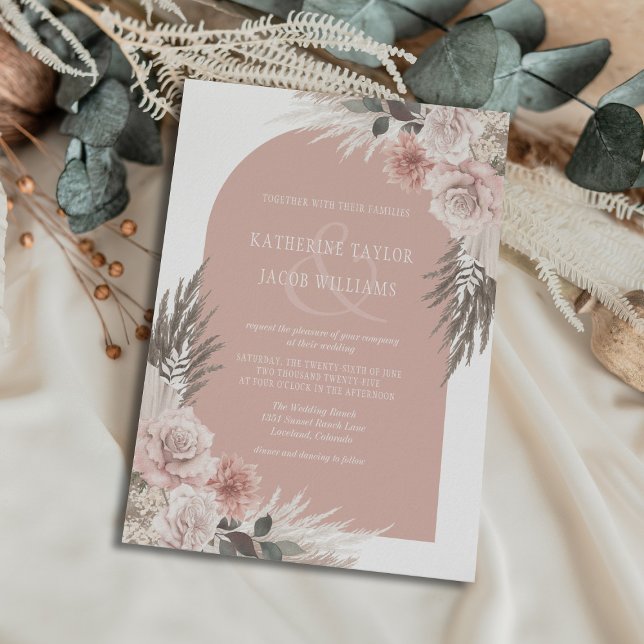 Boho Pampas Grass Dusty Pink Floral Wedding Invitation (Creator Uploaded)