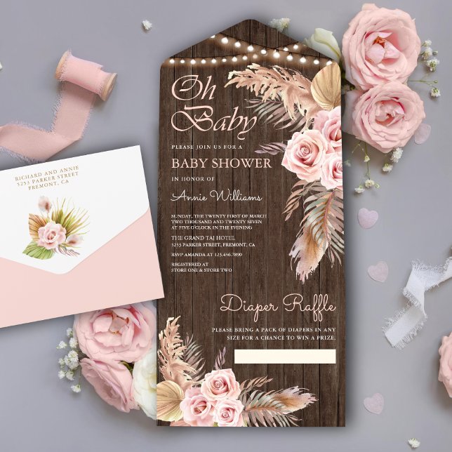 Boho Pampas Grass Dusty Pink Rose Wood Baby Shower All In One Invitation (Creator Uploaded)