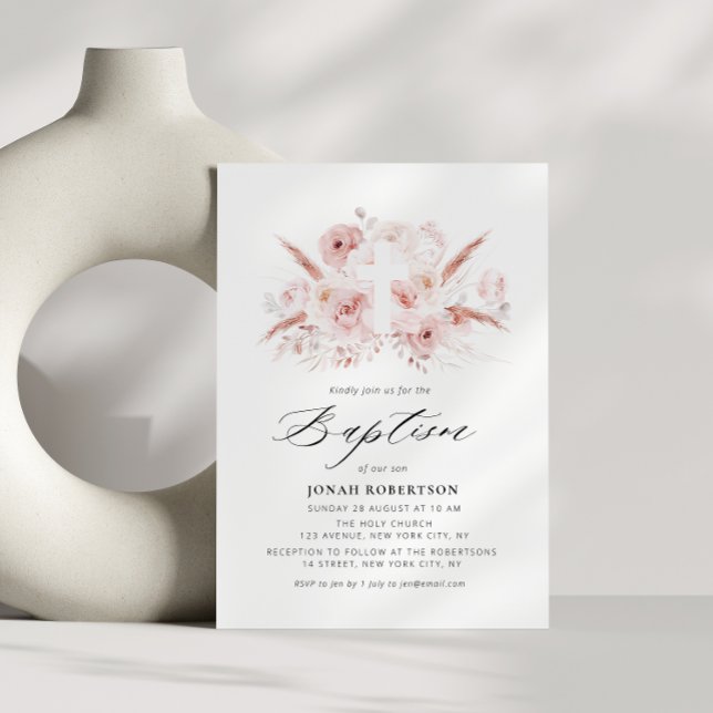 boho pampas grass dusty rose floral cross baptism invitation (Creator Uploaded)