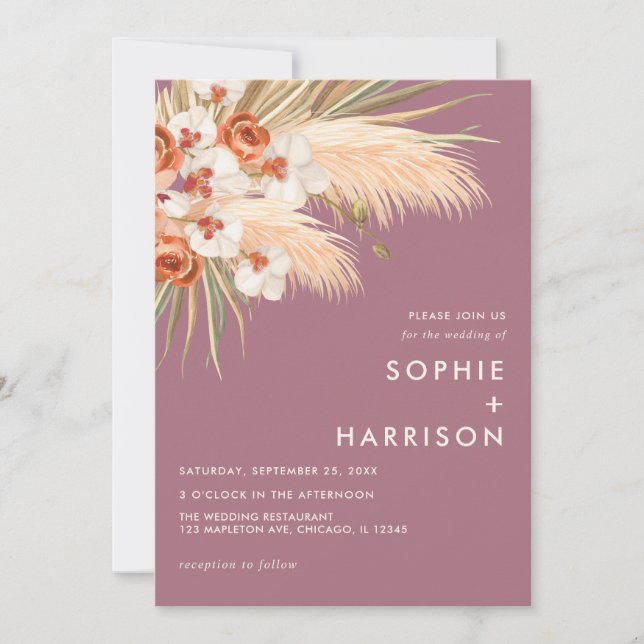  Boho Pampas Grass Dusty Rose Wedding Invitation (Front)