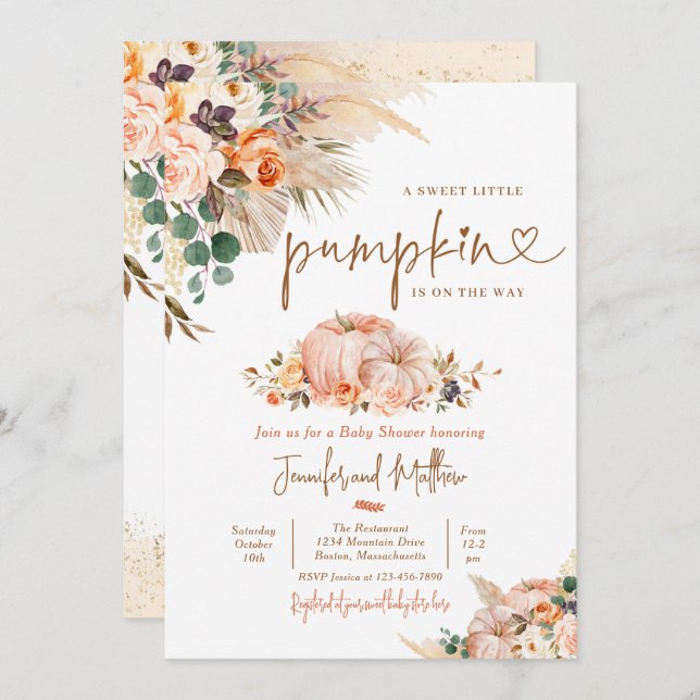 Boho Pampas Grass Fall Floral Pumpkin Baby Shower Invitation (Front/Back)