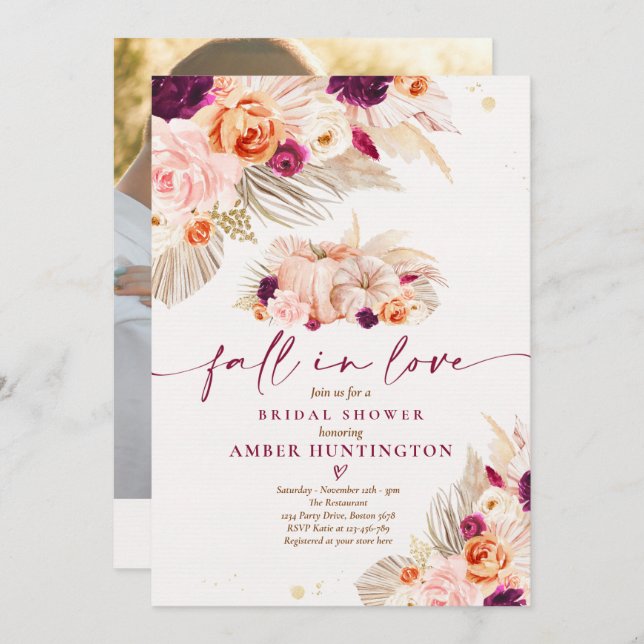 Boho Pampas Grass Fall In Love Bridal Shower Invitation (Front/Back)