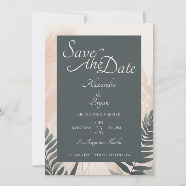 Boho Pampas Grass & Fern Wedding Save the Date Invitation (Front)