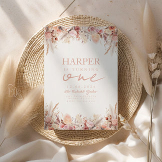 Boho Pampas Grass First Birthday Party Invitation