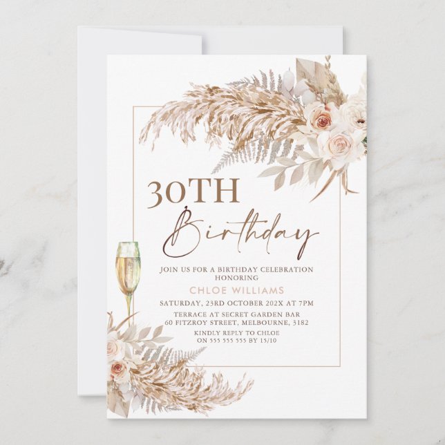 Boho Pampas Grass Floral Champagne Birthday Invitation (Front)