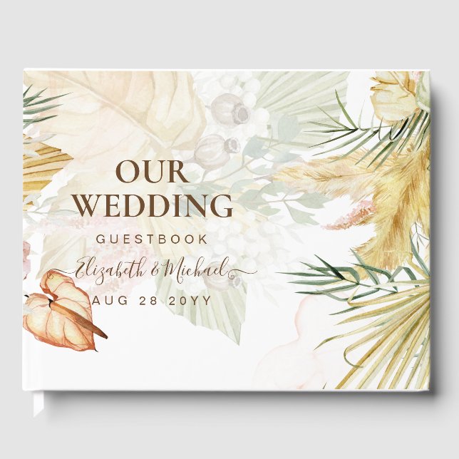 BOHO Pampas Grass Floral Coral Sage Wedding Guest  Book (Front)