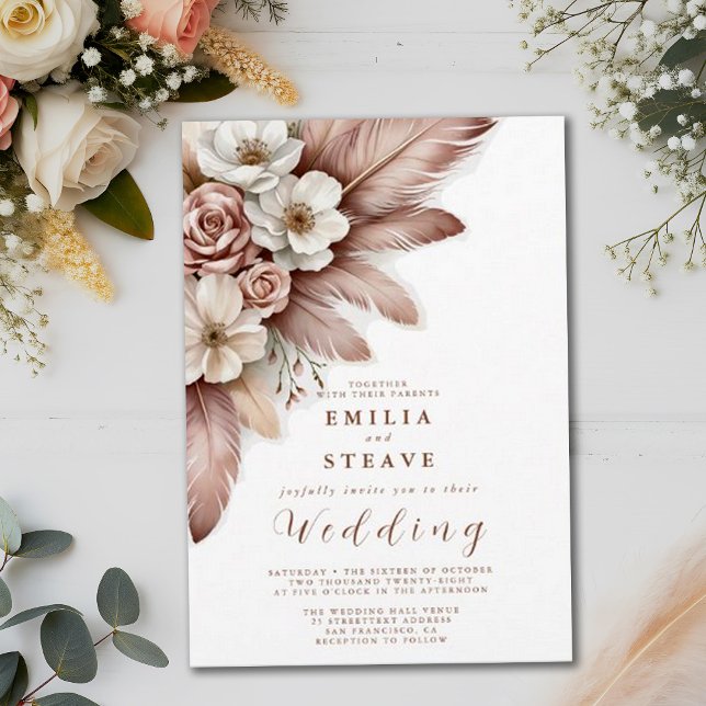 Boho Pampas Grass Floral Cream Roses Wedding Invitation (Creator Uploaded)