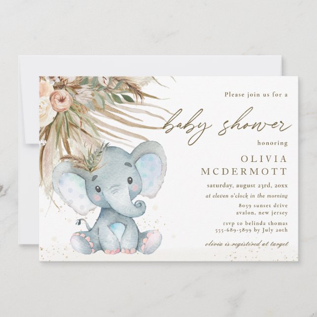 Boho Pampas Grass Floral Elephant Baby Shower Boy Invitation (Front)
