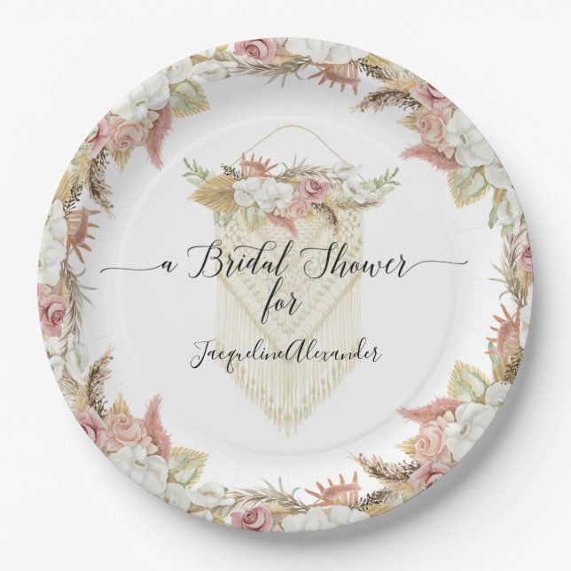 BOHO Pampas Grass Floral Foliage Bridal Shower Paper Plate (Front)