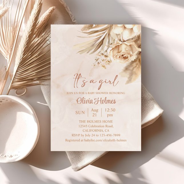 Boho Pampas Grass Floral It's a Girl Baby Shower Invitation (Boho Pampas Grass Floral It's a Girl Baby Shower Invitation on a neutral boho table.)