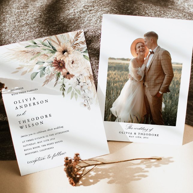 Boho Pampas Grass Floral Photo Back Wedding Invitation (Boho pampas grass floral photo wedding invitation, beige terracotta sage green wedding stationery)