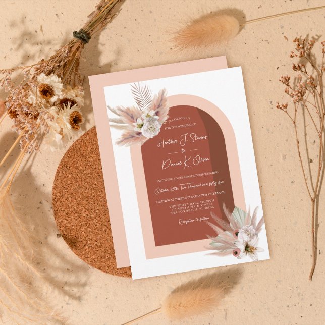 Boho Pampas Grass Floral Pink Terracotta Wedding Invitation (Creator Uploaded)