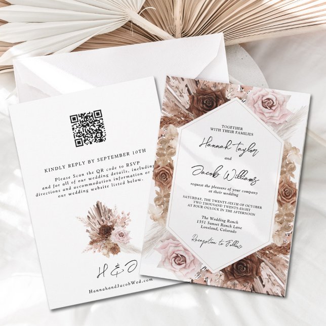Boho Pampas Grass Floral QR Code RSVP Wedding Invitation (Creator Uploaded)