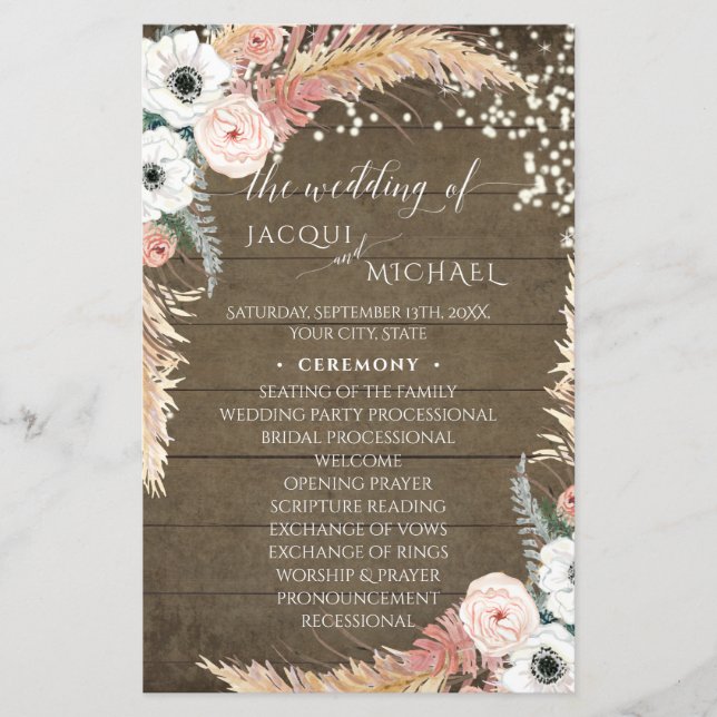 Boho Pampas Grass Floral Rustic Wedding Program (Front)