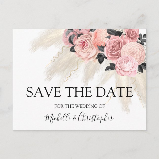  Boho Pampas grass Floral Save The Date Postcard (Front)