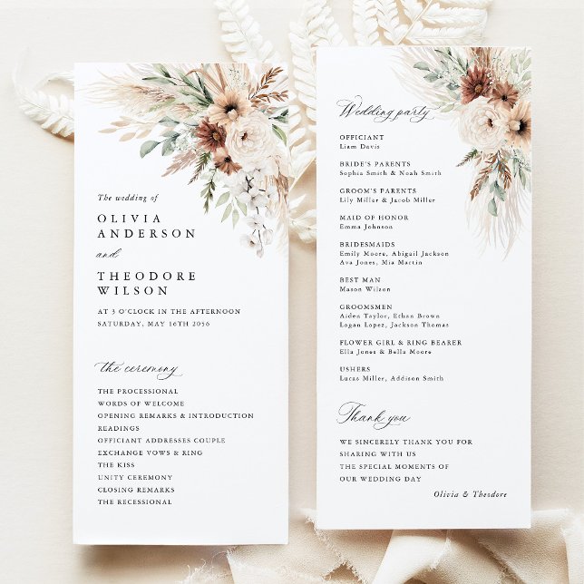 Boho Pampas Grass Floral Wedding Ceremony Programme (Boho Pampas Grass Floral Wedding Program Card, Rustic Ceremony Program, Neutral Wedding Stationery)