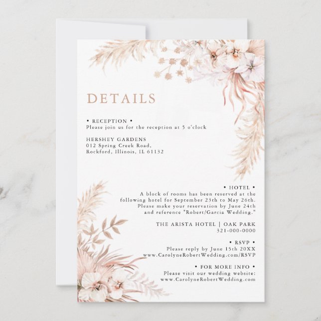 Boho Pampas Grass Floral Wedding Details Invitation (Front)