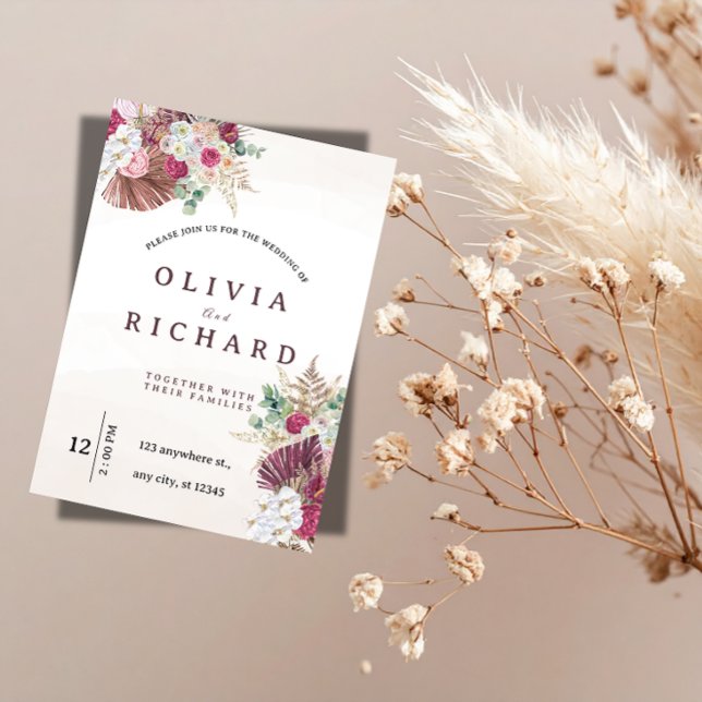 Boho Pampas Grass Floral Wedding Invitation (Creator Uploaded)