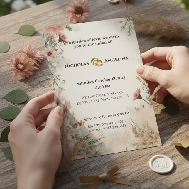 Boho Pampas Grass Floral Wedding Invitation (Creator Uploaded)