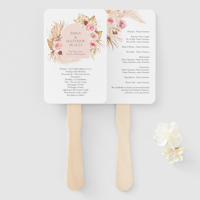 Boho Pampas Grass Floral  Wedding Program Fan (Front and Back)