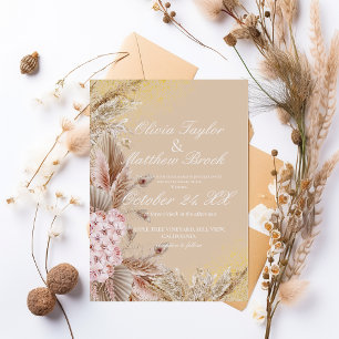Boho Pampas Grass Flowers Dusty  Golden Wedding Invitation
