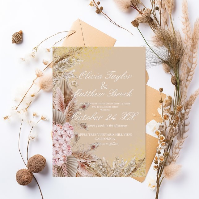 Boho Pampas Grass Flowers Dusty  Golden Wedding Invitation (Creator Uploaded)
