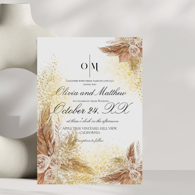 Boho Pampas Grass Flowers Script Wedding Invitation (Creator Uploaded)