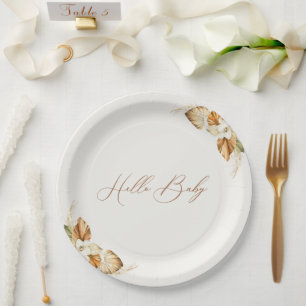 Boho Pampas Grass Gender Neutral Hello Baby Paper Plate