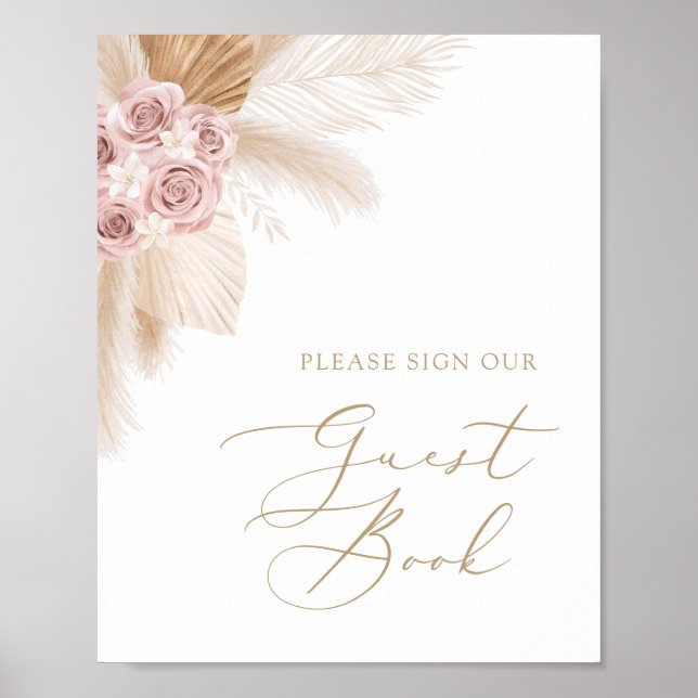 Boho Pampas Grass Girl Baby Shower Guest Book Sign (Front)