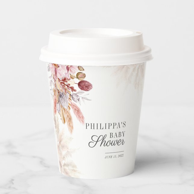Boho Pampas Grass Girl Baby Shower Paper Cups (Front)