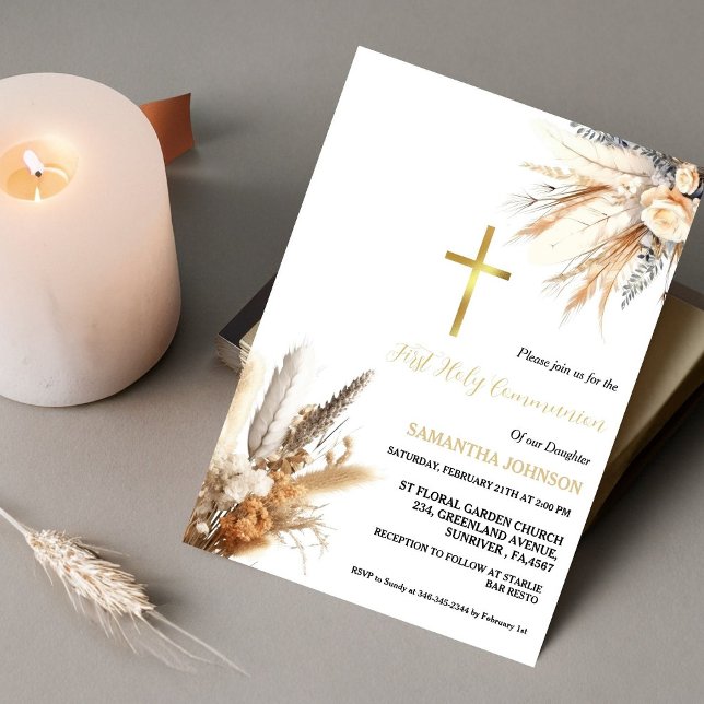 Boho Pampas Grass  Girl First Holy Communion Invitation (Creator Uploaded)