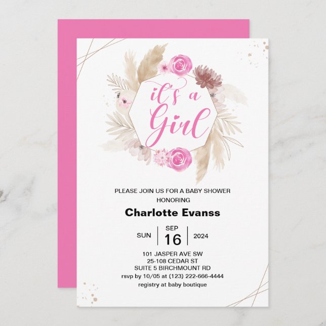 Boho Pampas Grass Girl Pink Flowers Baby Shower Invitation (Front/Back)