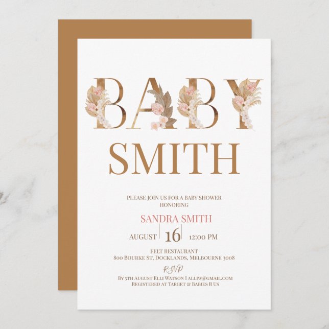 Boho Pampas Grass Girls Baby Word Baby Shower Invitation (Front/Back)