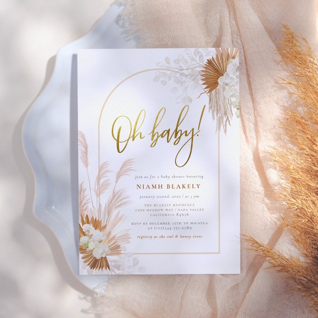 Boho Pampas Grass Gold Floral Arch Baby Shower Invitation (Creator Uploaded)