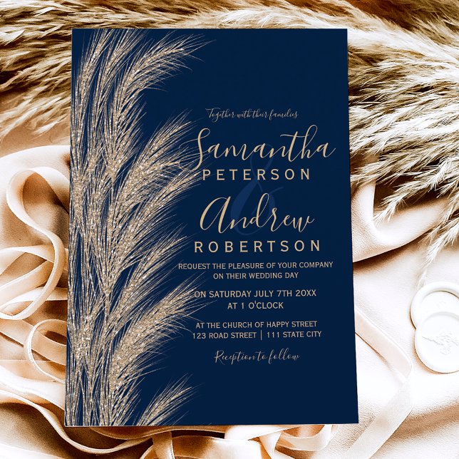 Boho pampas grass gold glitter navy blue wedding invitation (Creator Uploaded)