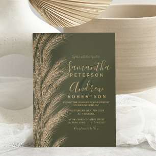 Boho pampas grass gold glitter olive green wedding invitation