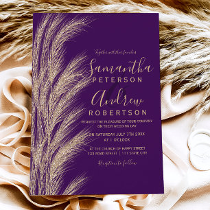 Boho pampas grass gold glitter purple wedding invitation