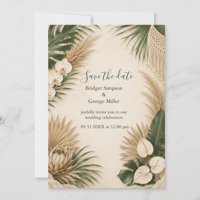 boho Pampas Grass Hawaii Floral Tropical Wedding  Invitation (Front)