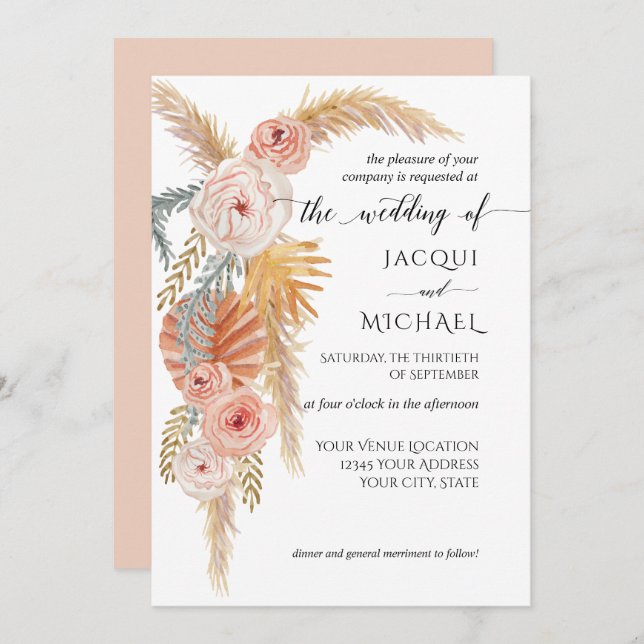 BOHO Pampas Grass Jungle Foliage Watercolor Floral Invitation (Front/Back)