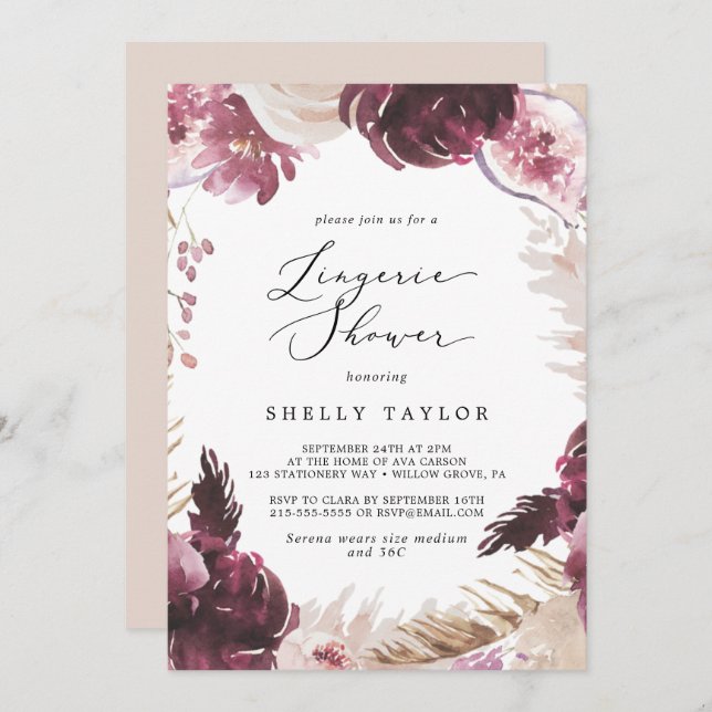 Boho Pampas Grass Lingerie Shower Invitation (Front/Back)