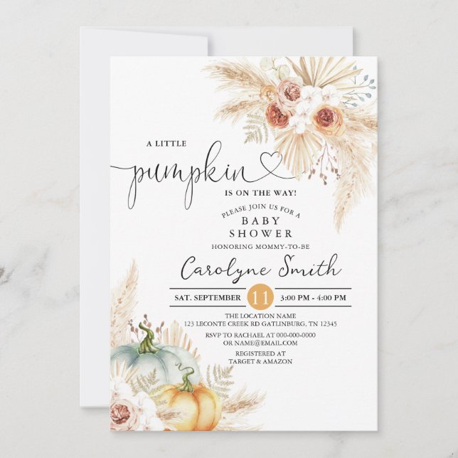 Boho Pampas Grass Little Pumpkin Baby Shower Invitation (Front)