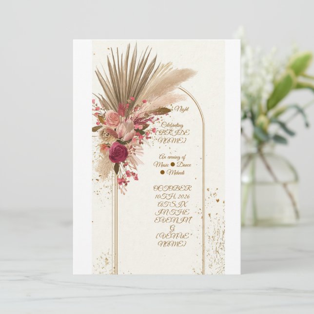 Boho Pampas Grass Mehndi Night Invitation Template (Standing Front)