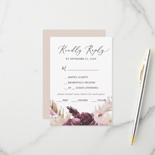 Boho Pampas Grass Menu Choice RSVP Card (Front/Back In Situ)