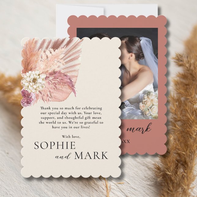 Boho Pampas Grass Minimalist With Photo Wedding Thank You Card (Creator Uploaded)
