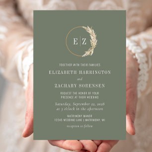 Boho Pampas Grass Monogram Sage Green Wedding Invitation