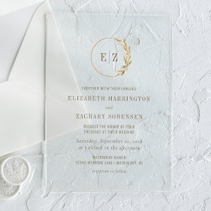 Boho Pampas Grass Monogram Wreath Beige Wedding Acrylic Invitations