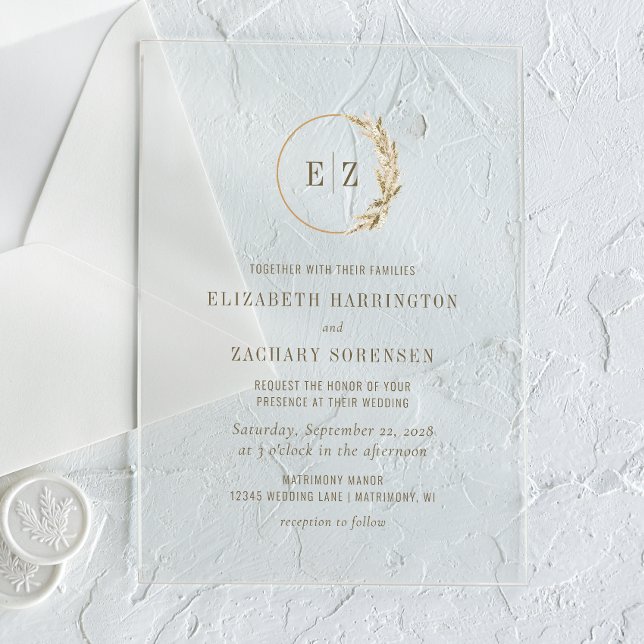 Boho Pampas Grass Monogram Wreath Beige Wedding Acrylic Invitations (Creator Uploaded)