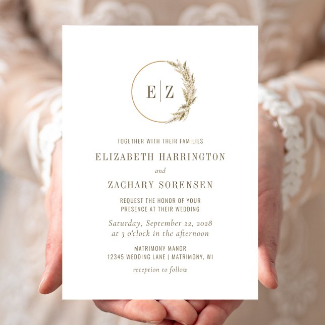 Boho Pampas Grass Monogram Wreath Beige Wedding Invitation (Creator Uploaded)